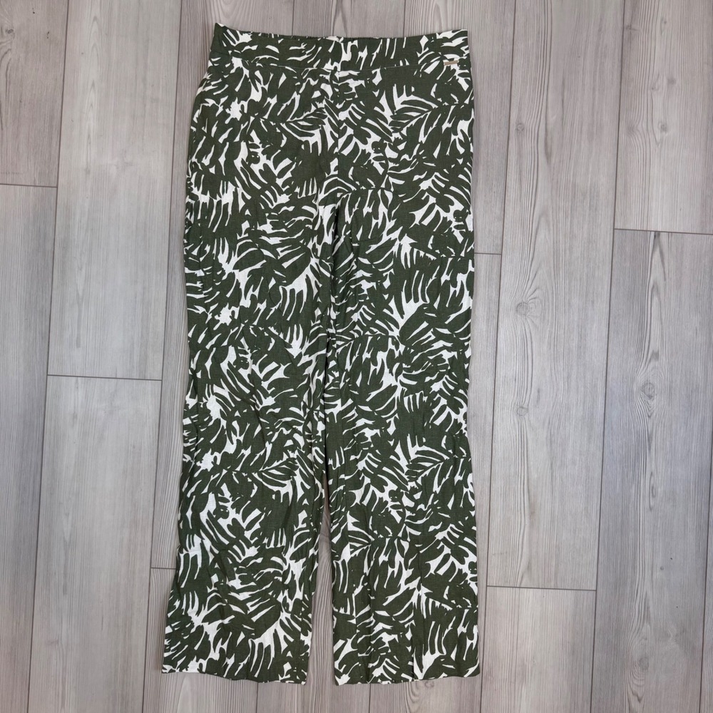 Anne Klein Green Tropical Palm Leaf Linen Blend Wide Leg Pull On Pants Large